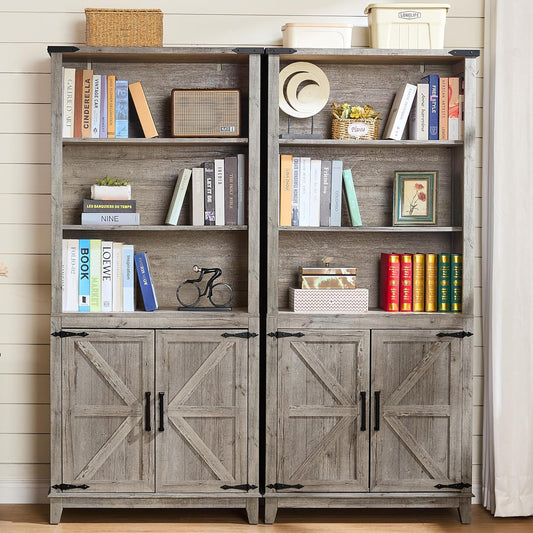 70in Tall Bookshelf 5 Tier Bookcase with Barn Doors and Adjustable Shelves, Grey Farmhouse Book Shelf with Storage Cabinet, Wood Freestanding Display Bookshelves for Bedroom, Kitchen (2PCS)
