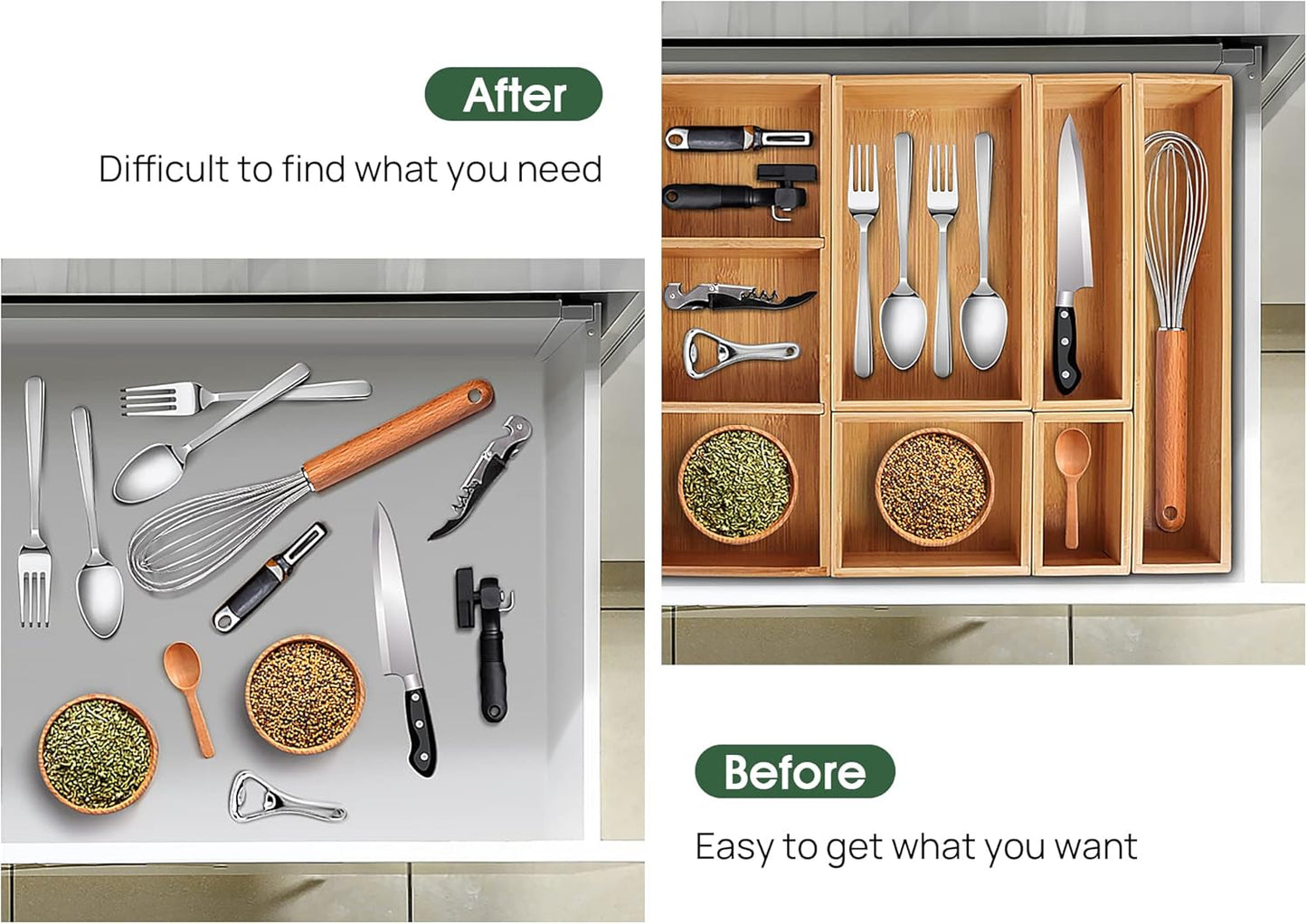 Kootek Bamboo Drawer Organizer with Removable Dividers, 6 Pcs Adjustable Kitchen Drawer Organizer Utensils Bamboo Organizers Silverware Storage Box Cutlery Tray Multi-Use for Bathroom, Makeup, Office