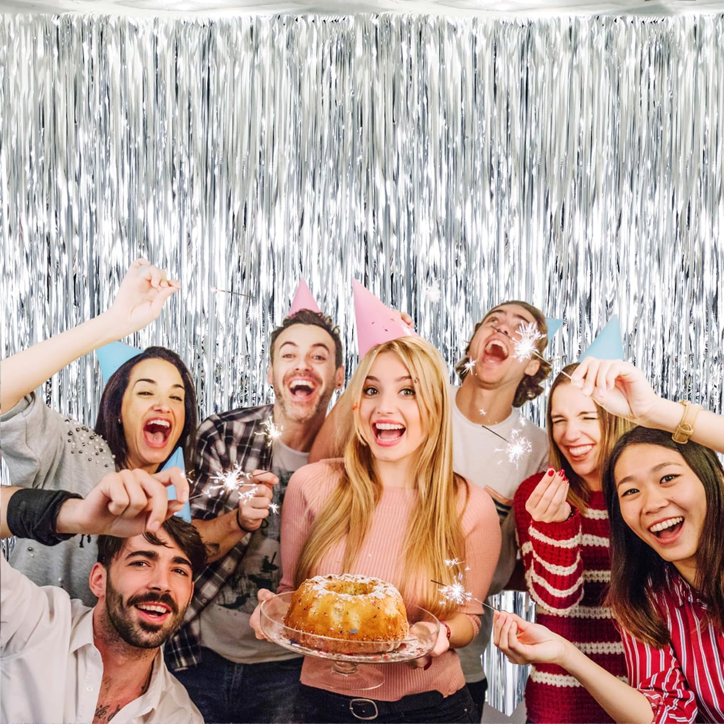 GOER 3.2 ft x 8.2 ft Metallic Tinsel Foil Fringe Curtains Party Photo Backdrop Party Streamers for Birthday,Graduation,New Year Eve Decorations Wedding Decor (Silver,5 pcs)