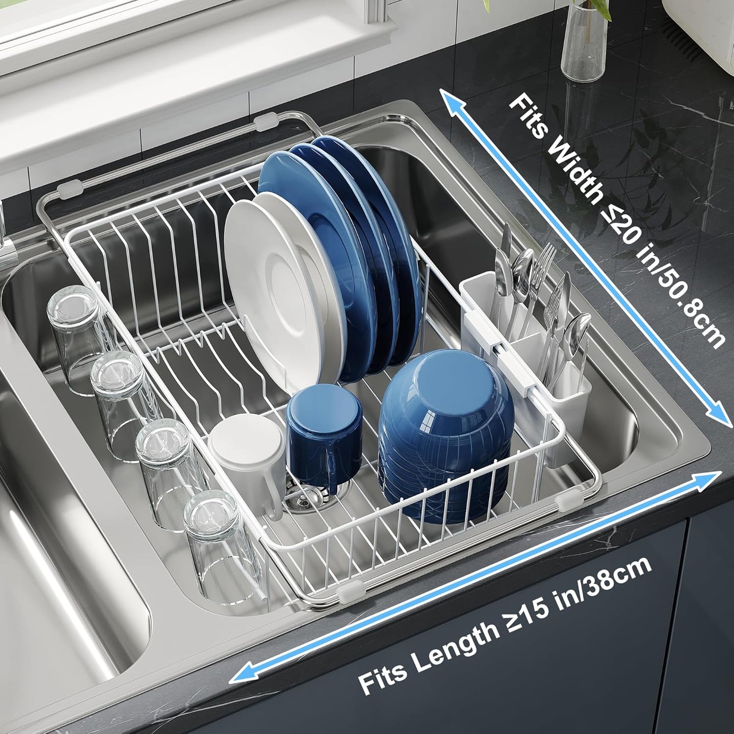 Dish Drying Rack in Sink, Small Dish Drainers for Inside Sink, Over The Sink Dish Racks, Stainless Steel Drying Rack with Utensil Holder, White