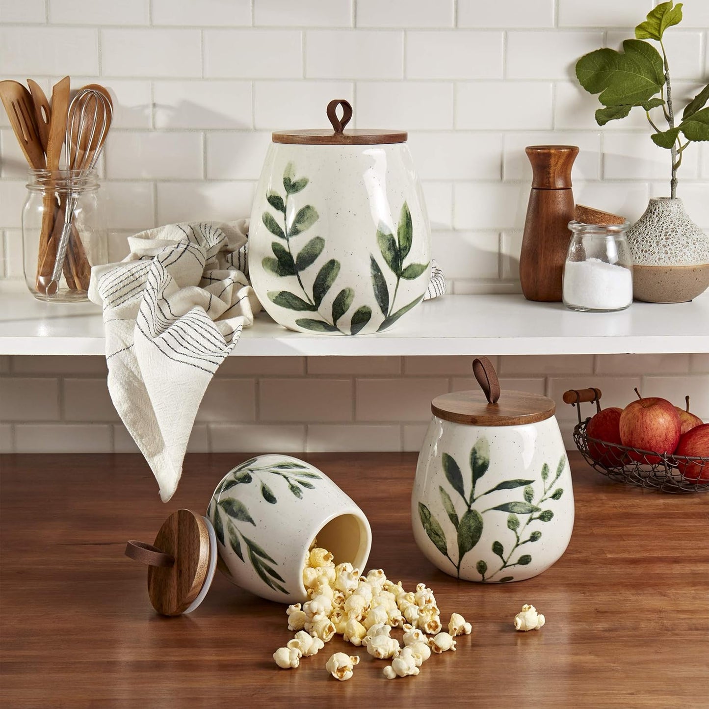 TTU Tabletops Gallery Ceramic Canister Collection- Stoneware Designed Kitchen Storage Acacia Wood White Set, 3 Piece Green Leaf Canister Set