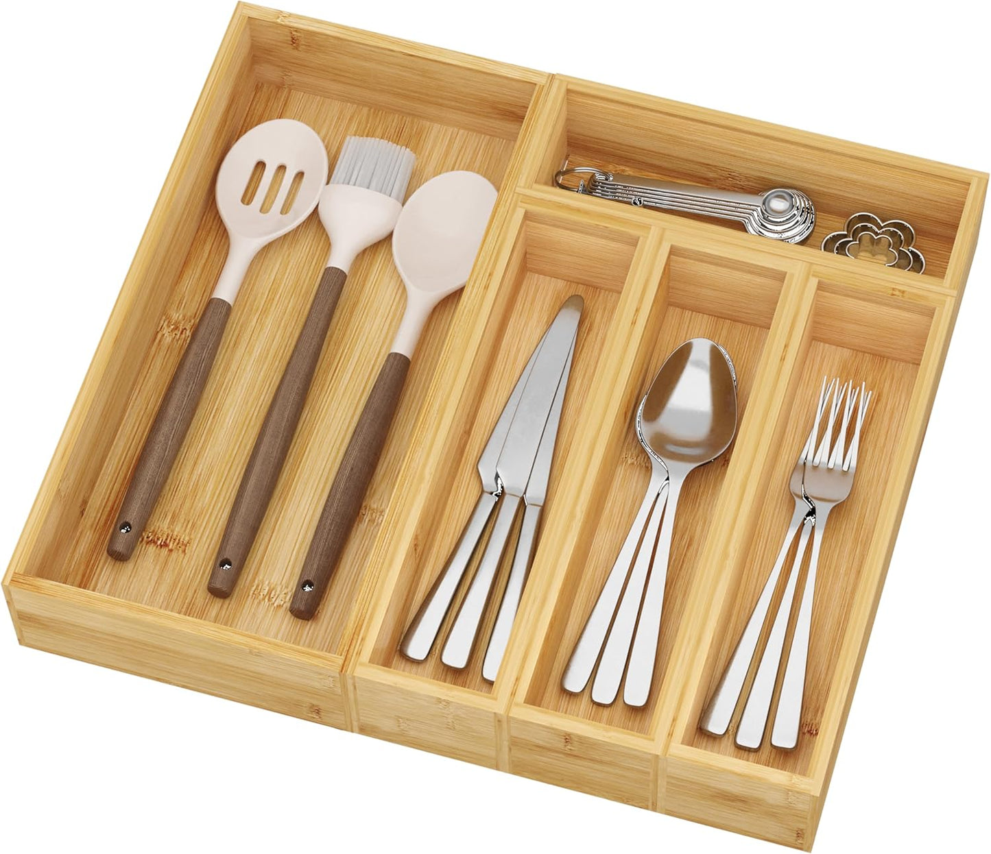 BAMEOS Utensil Drawer Organizer, 5 Slots Silverware Organizers for Kitchen Drawers, Bamboo Flatware Organizer for Knives Cutlery Spoons Forks (Natural)