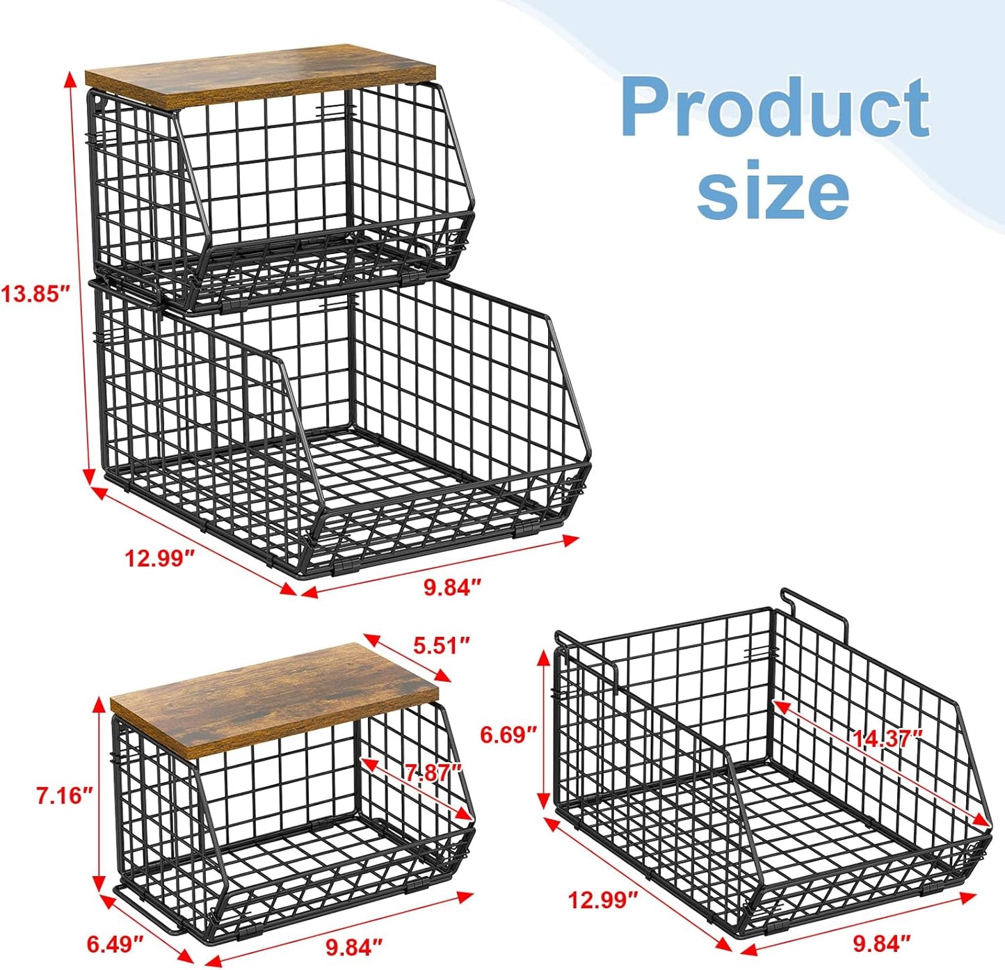 X-cosrack 2-Tier Stackable Wire Baskets for with Wood Lid, Wall Hanging Baskets for Potato and Onion Storage, Fruit Basket for Kitchen Counter, Metal Baskets for Snack Produce Cans