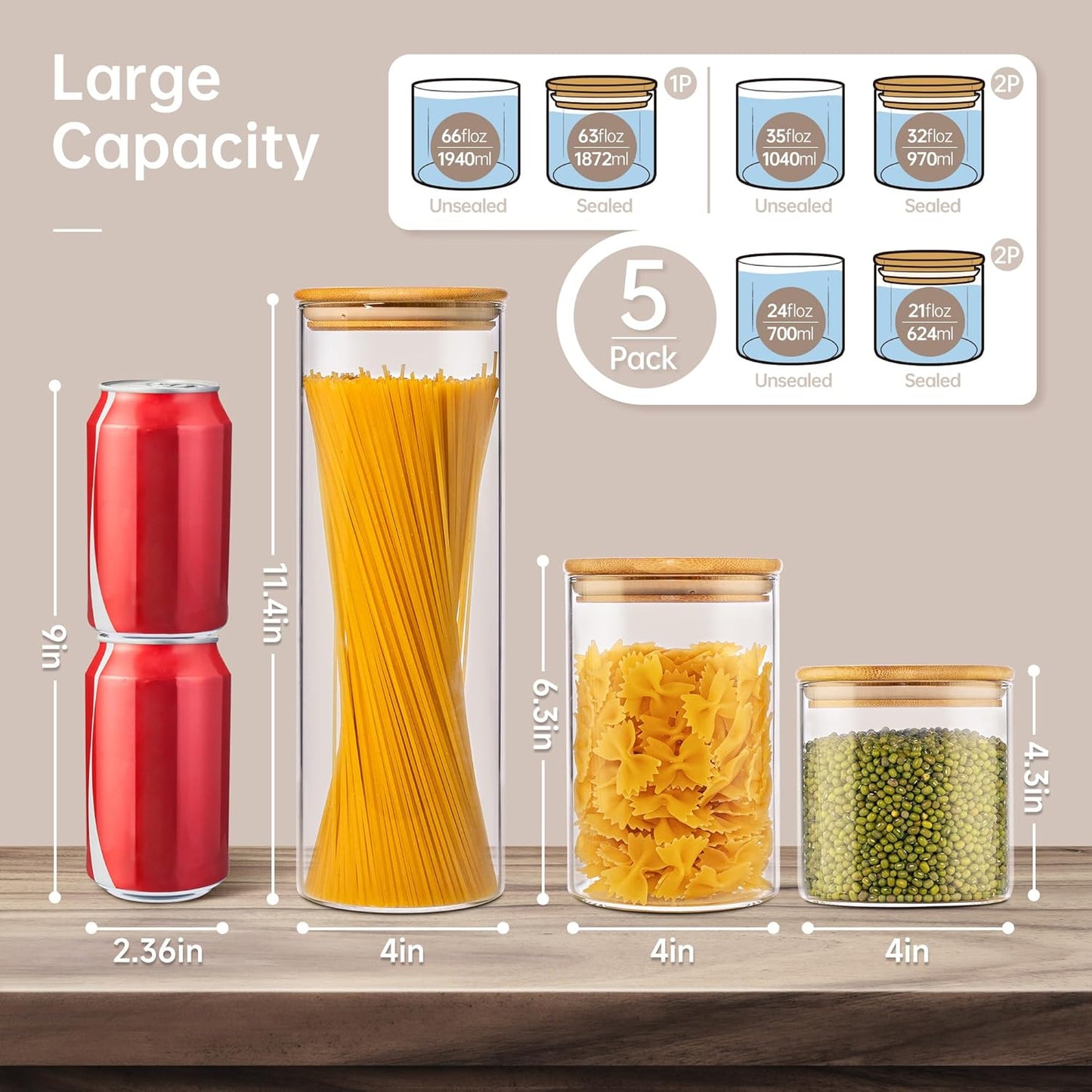 Multi Size - 5 Pack Glass Jars with Bamboo Lids, Glass Pantry Storage Containers with Airtight Lids, Round Air Tigh Food Storage Canisters for Cereal, Pasta, Flour, Sugar, Best for Kitchen Organizer