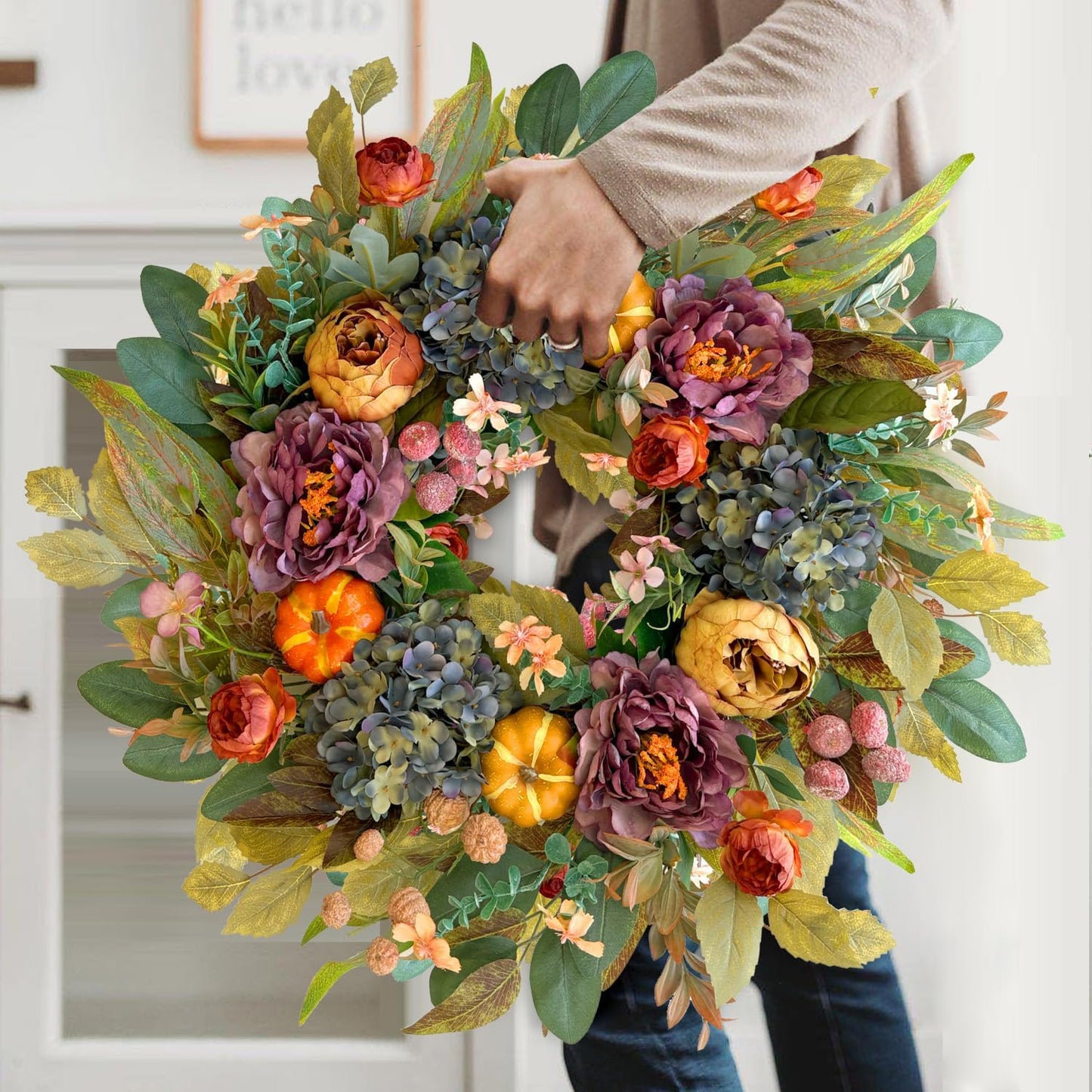 WANNA-CUL 24 Inch Spring Fall Wreaths for Front Door with Blue Hydrangea, Fall Wreath Front Door with Purple Orange Peony and Pumpkins-Fall Decoration for Home-Large Fall Decor Door Wreath for Autumn