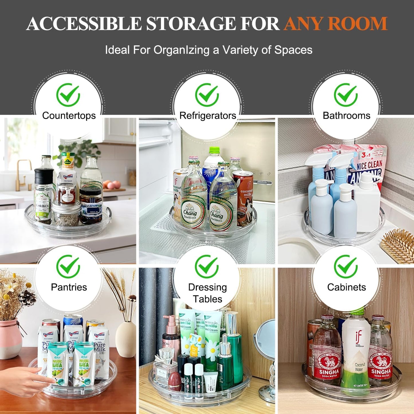 Clear Lazy Susan Organizer Turntable for Cabinet Table Top, 9.25 Inch 4 Pack 360 Rotating Spinning Makeup Organizer for Vanity, Kitchen Storage Rack Heavy-Duty Pantry Spices Tray Countertop Organizer