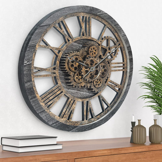HOIBAI Large Wall Clock, Wall Clocks for Living Room Decor 20 Inch Farmhouse Vintage Rustic Kitchen Wall Decor Vintage Roman Oversized Wall Clock for Home Bedroom House Office, Moving Gears Clock