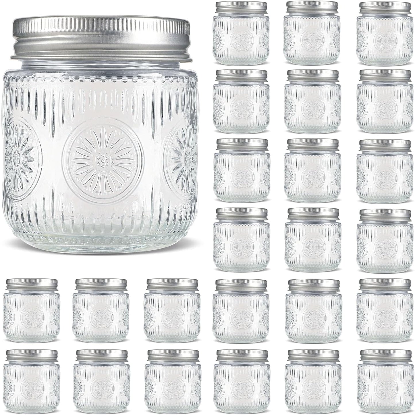 Mason Jars 8 oz - Vintage Small Glass Mason Jars with Silver Metal Lids, Regular Mouth Canning Jars, Safe For Storage, Canning, Pickling, Preserving, Fermenting, DIY Crafts & Decor (24Pack)