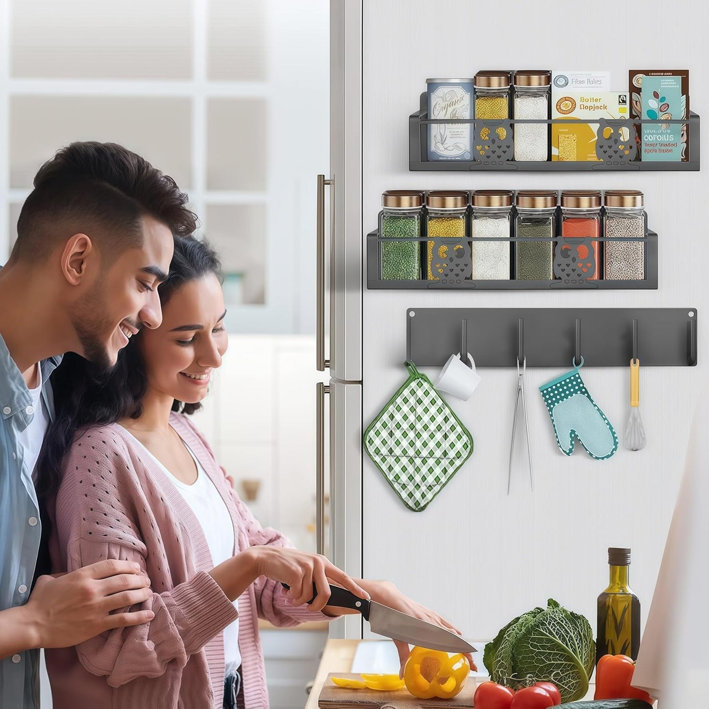 Spice Rack Magnetic for Fridge,Magnetic Fridge Shelf,Spice Shelf,Condiment Organizer,Refrigerator Organizers and Storage with Magnetic Hooks,Owl Kitchen Decor(Gray)