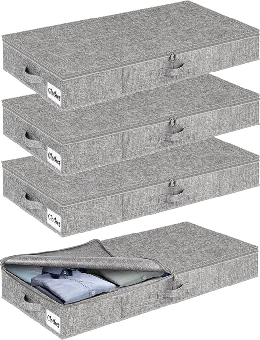 Under Bed Storage Container Bin 4 Pack, 4.5 Inch Slim Low Profile Underbed Clothes Storage Organizer for Dorm & Home, Use for Blanket and Toy Storage Box W/ Sturdy Bottom/Sides, Foldable Thick Fabric