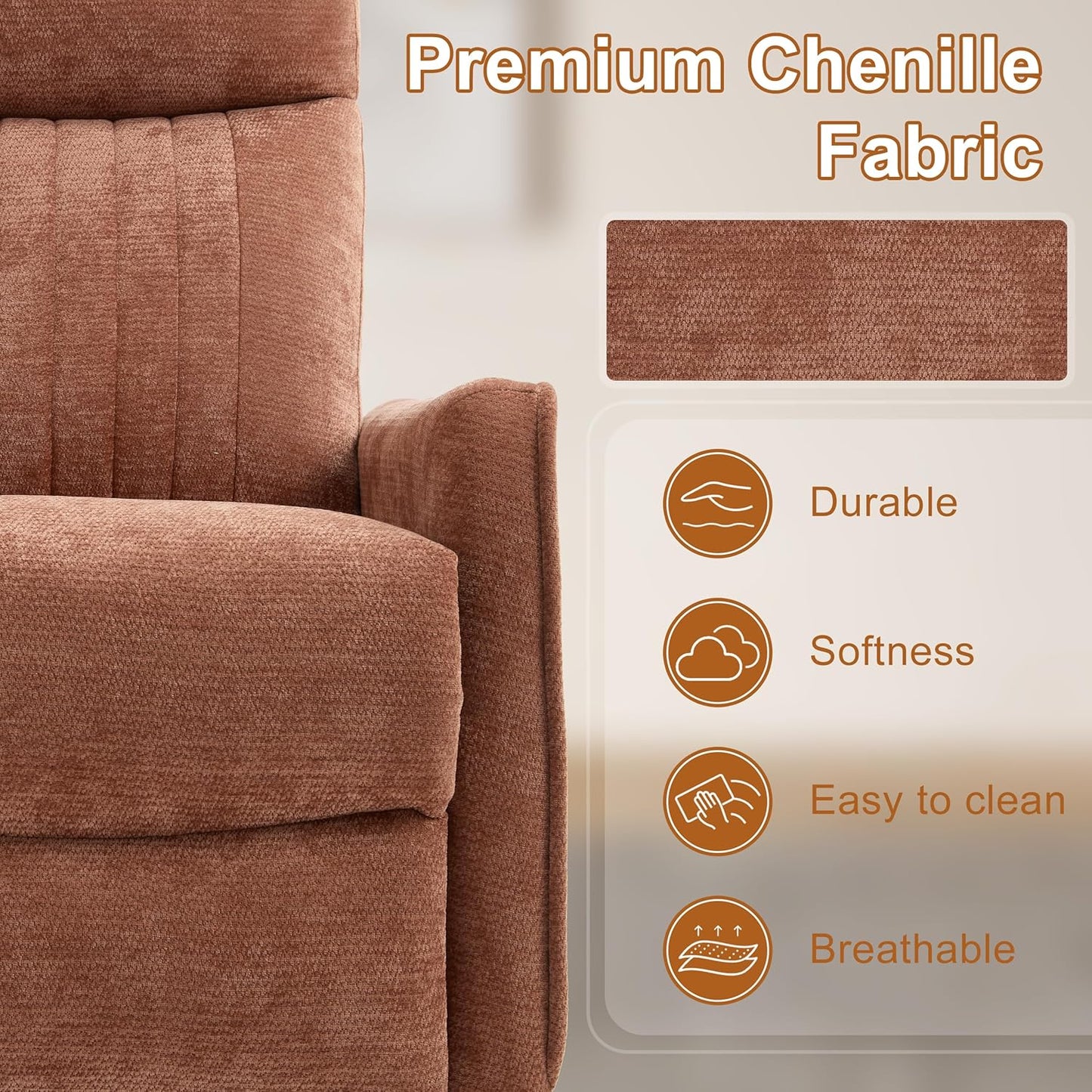 Manual Swivel Rocker Recliner Chair for Adults, Overstuffed Reclining Glider Chair for Nursing with Vibration Massage & Heat, Living Room Rocking Recliner 2-Stage backrest, Chenille Fabric Orange