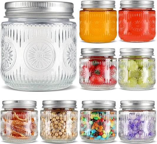 Mason Jars 8 oz - Vintage Small Glass Mason Jars with Silver Metal Lids, Regular Mouth Canning Jars, Safe For Storage, Canning, Pickling, Preserving, Fermenting, DIY Crafts & Decor (8Pack)