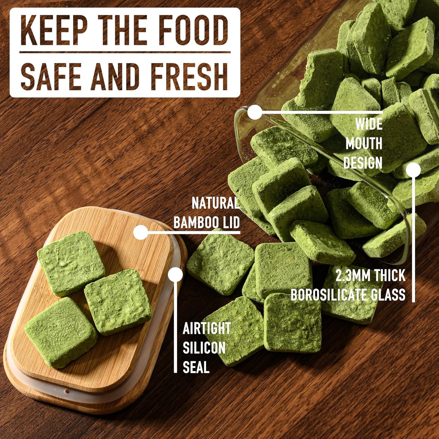 64oz Rectangle Airtight Glass Storage Containers with Bamboo Lids (Set of 3), Square Food Storage Jar, Pantry Organizers for Cereal, Flour, Pasta and Coffee beans (‎with Black Lable)