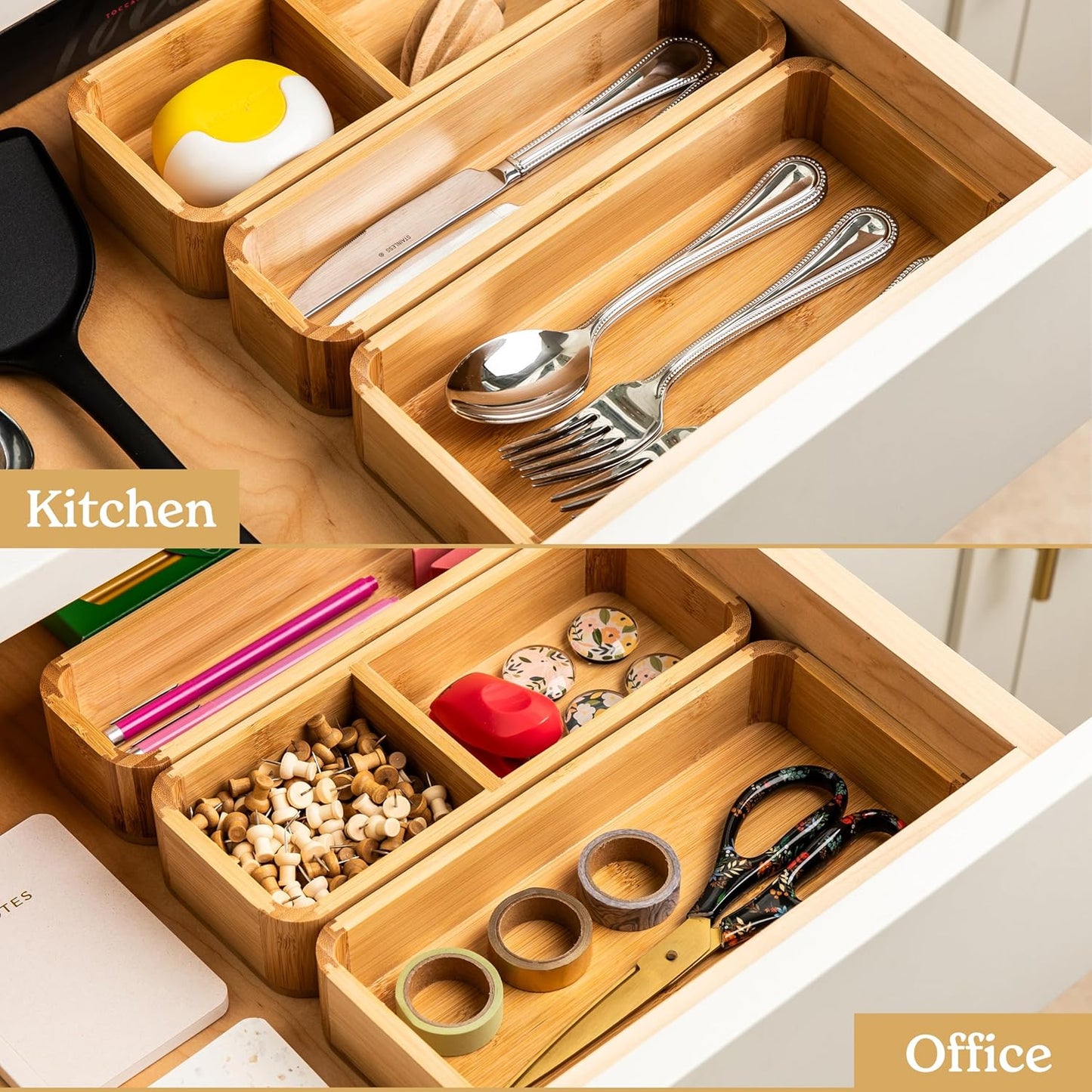 SMIRLY 3-Piece Bamboo Kitchen Drawer Organizer Set for Large and Small Utensils, Multi-use Storage Box - Bathroom, Nightstand, Jewelry, Cutlery, Knife, Spice, Towel, Junk Drawer Tray