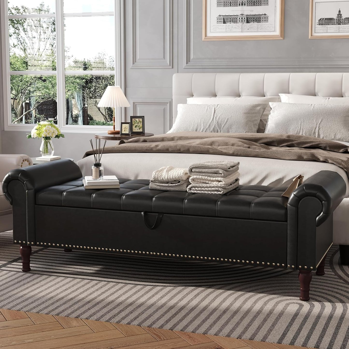 Apicizon 60”Storage Benches, Queen Size Faux Leather Bed Bench with Tufted Button, Upholstered Bench with Rolled Arm and Vintage Rivets for Foot of Bed, Living Room, Entrance，Black