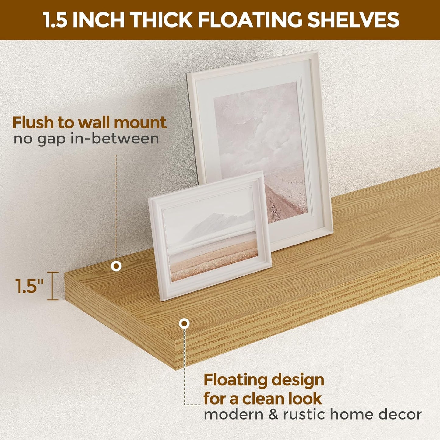 Floating Shelves 48 Inch Long, 48"W x 9"D Wall Shelf Invisible Bracket, 9 Inch Deep Floating Shelf for Wall, Rustic Wooden Shelves for Living Room, Kitchem, Bedroom, Oak Color, Set of 1