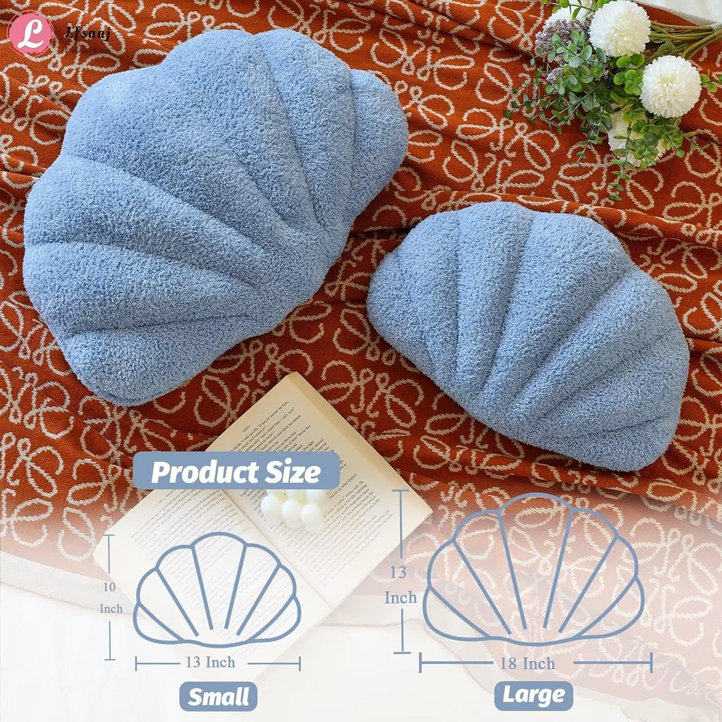 Seashell Throw Pillows, Shell Shaped Throw Pillows, 18 Inch Soft Home Decorative Pillow Plush Cushion for Bed Couch Living Sofa Room Decor Accent Throw Pillow (Dusty Blue 18Inch)