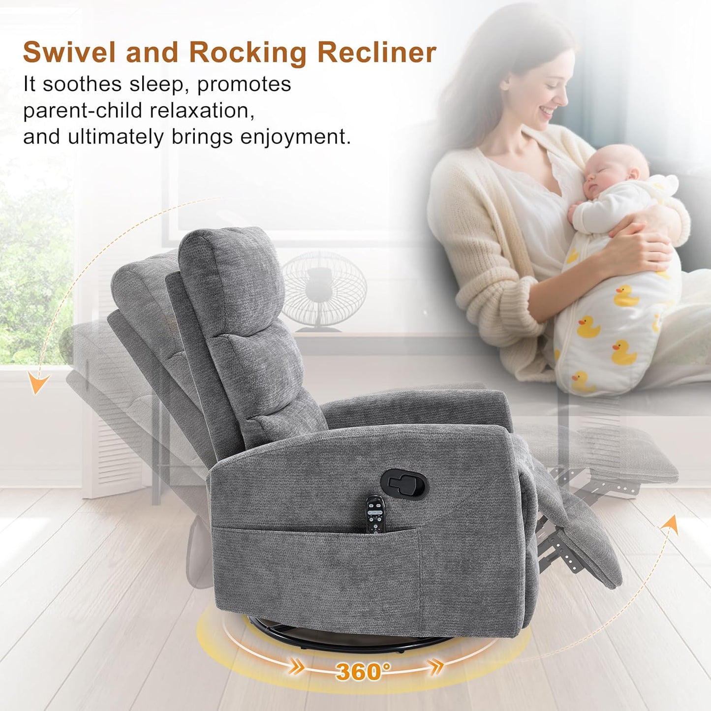 Manual Swivel Rocker Recliner Chair for Adults, Overstuffed Reclining Glider Chair for Nursing with Vibration Massage & Heat, Living Room Rocking Recliner 3-Stage backrest, Chenille Fabric Dark Gray