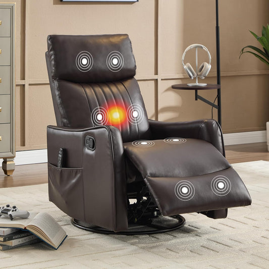 Manual Swivel Rocker Recliner Chair for Adults, Overstuffed Reclining Glider Chair for Nursing with Vibration Massage & Heat, Living Room Rocking Recliner 2-Stage backrest, Faux Leather Brown