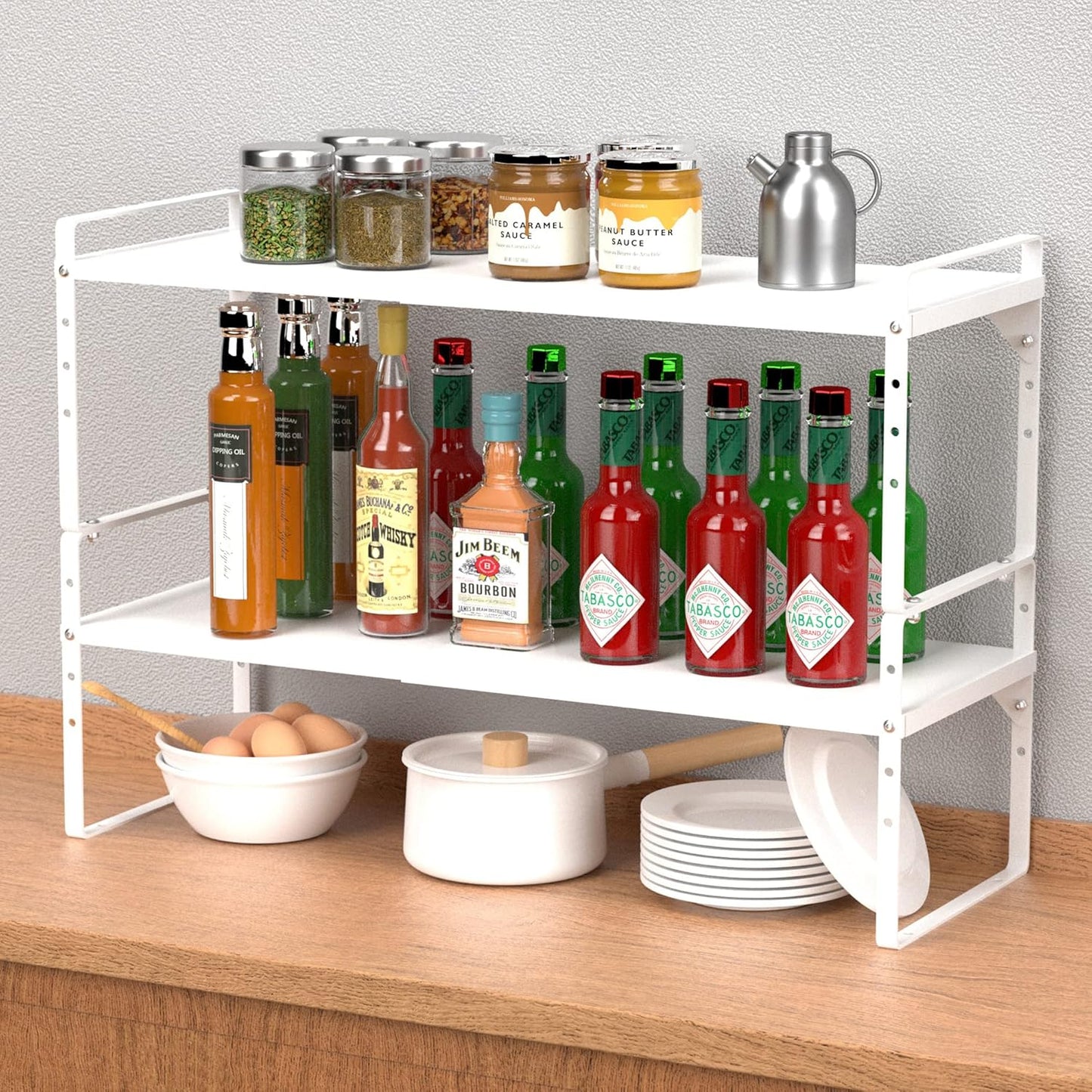 iPEGTOP Expandable Cabinet Storage Shelf Organizer Rack, Heavy Duty Cupboard Stand Spice Rack Adjustable Height Garage Pantry Shelf Space Riser for Counter Kitchen Organization, White, 2 Pack