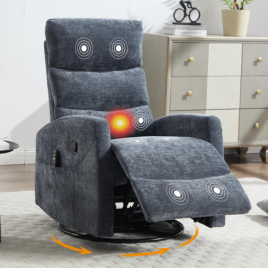 Manual Swivel Rocker Recliner Chair for Adults, Overstuffed Reclining Glider Chair for Nursing with Vibration Massage & Heat, Living Room Rocking Recliner 3-Stage backrest, Chenille Fabric Blue