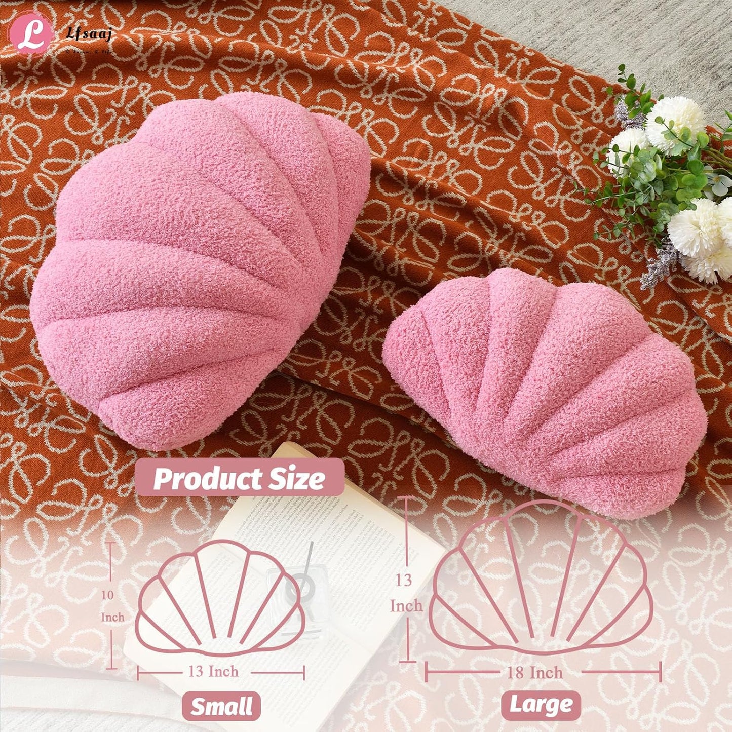 Seashell Throw Pillows, Shell Shaped Throw Pillows, Soft Home Decorative Pillow Plush Cushion for Bed Couch Living Sofa Room Decor Accent Throw Pillow (13x10 Inch, Pink Purple)