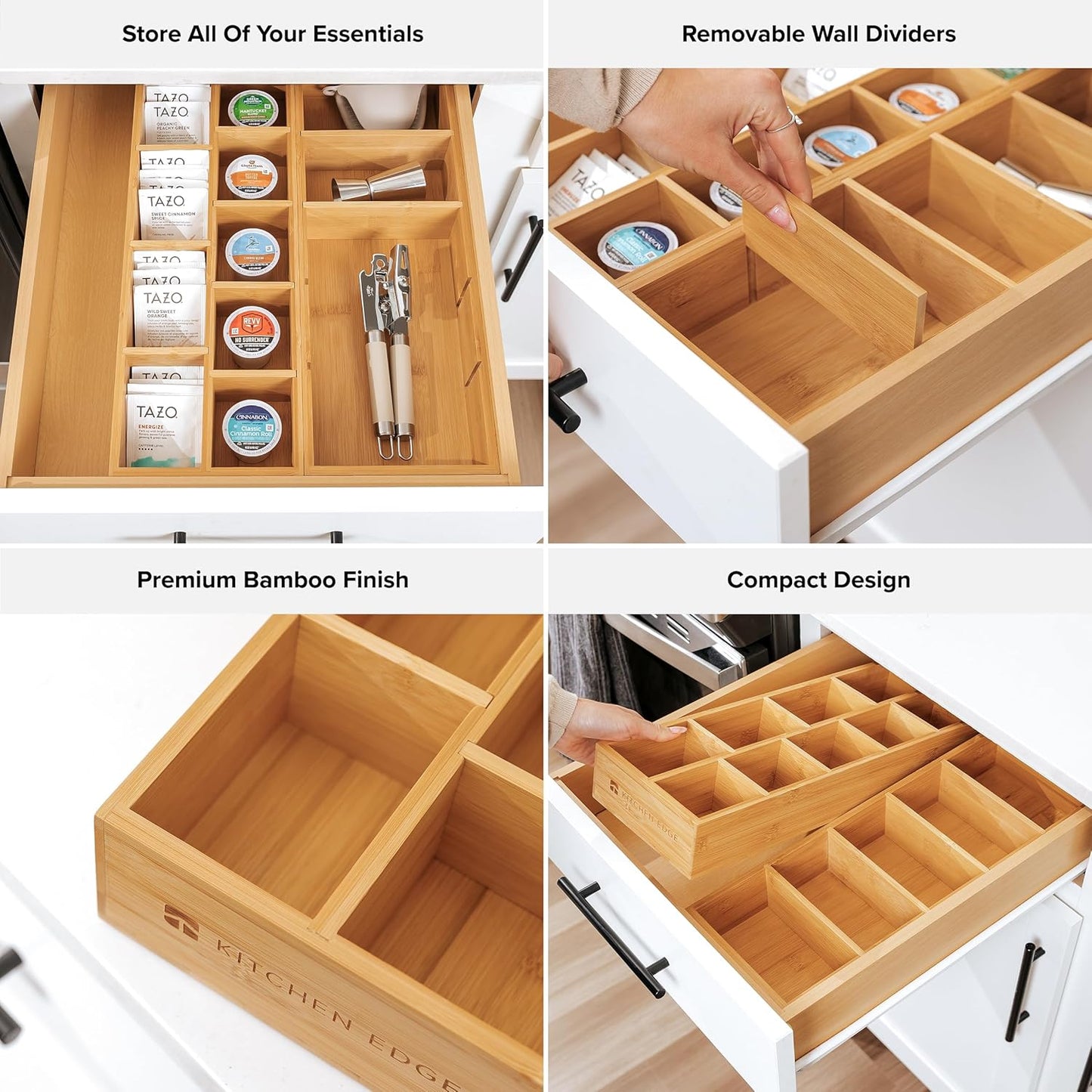 Premium Utensils and Tea Bag Drawer Organizers – 14-Compartment Design with Removable Dividers, Non-Slip Feet, 100% Sustainable Bamboo, 2 Pack