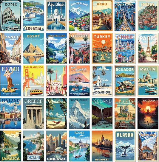 97 Decor Vintage Travel Decor - Travel Posters Wall Art Prints, Vintage Postcards from Around The World, City Landscape Aesthetic Pictures Retro Popular Cities Photo Collage Kit for Teen Bedroom (4x6)